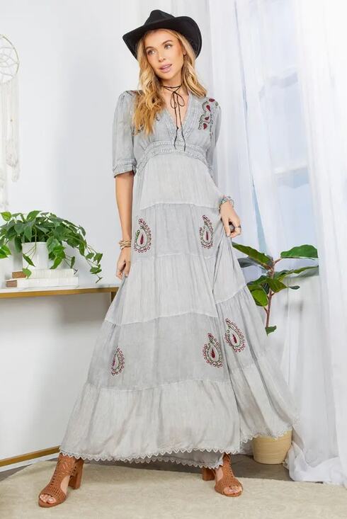Young Threads Dresses & Skirts - Young Threads Embroidered Maxi Dress Lace V-Neck Pockets L - Boho Cottagecore